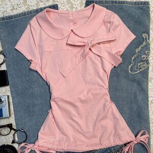 Original Pink Doll Collar Bow Short Sleeve T-Shirt Women